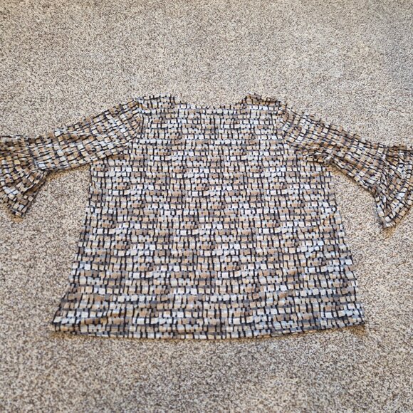 Susan Graver Liquid Knit Shirt Top Size 3XL Geometric Brown Bell Sleeve Stretch - Picture 2 of 8